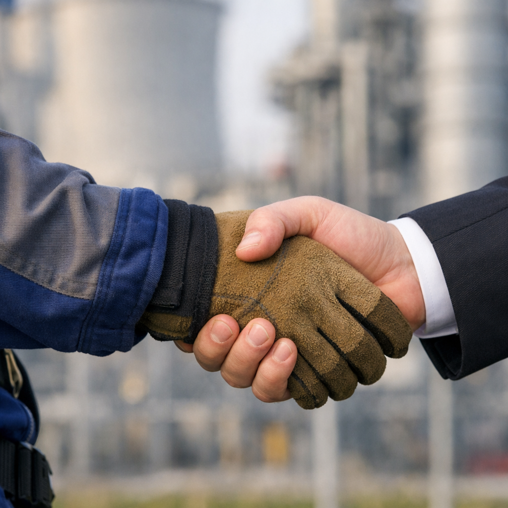 Industrial worker and business partner shaking hands in front of an industrial site